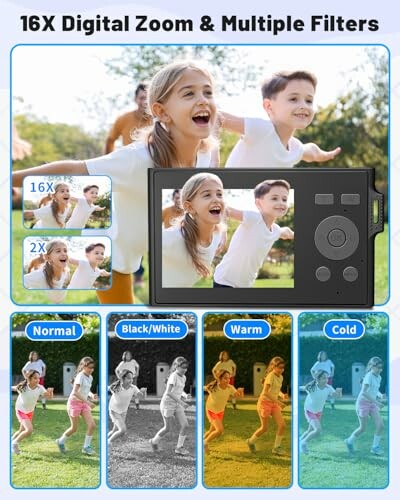 Children playing with digital camera filters displayed.