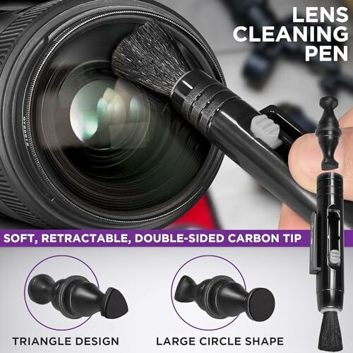 Lens cleaning pen with soft, retractable, double-sided carbon tip.