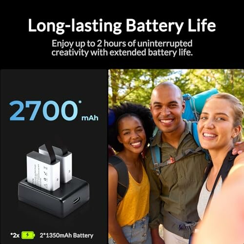 Group of three smiling people with a battery charger displaying 2700 mAh capacity.