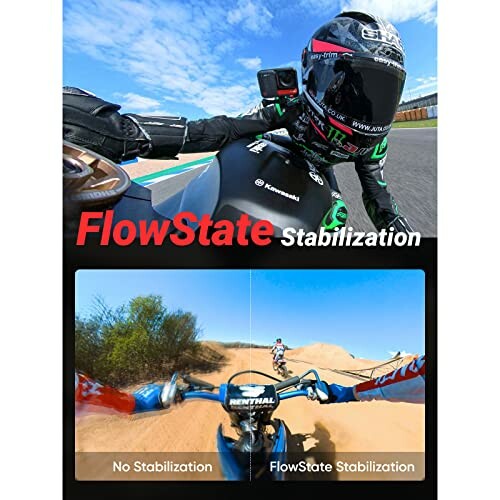 Motorcyclist using FlowState stabilization, comparison of no stabilization vs FlowState stabilization.