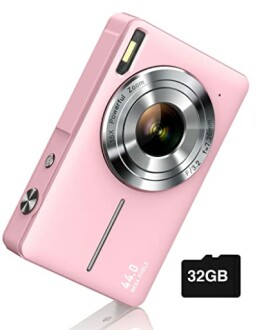 Pink digital camera with 32GB memory card