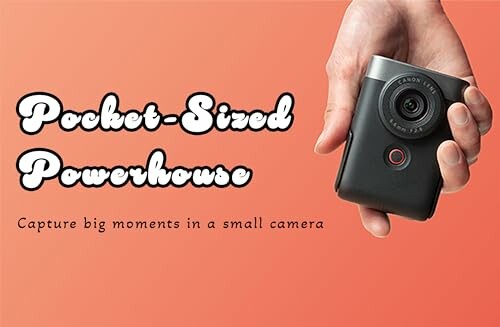 Hand holding a compact camera with text 'Pocket-Sized Powerhouse, Capture big moments in a small camera'.