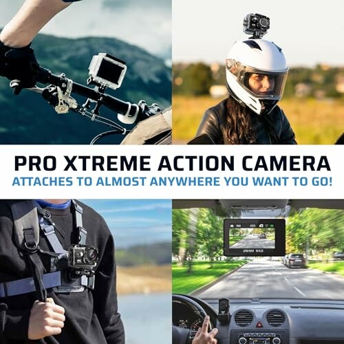 Pro Xtreme Action Camera used on bike, helmet, chest, and car.