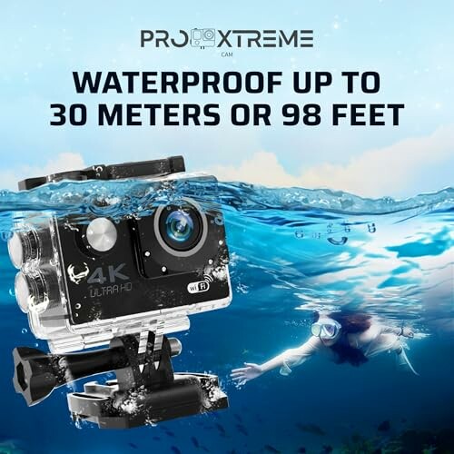 Pro Xtreme 4K waterproof camera with diver underwater.