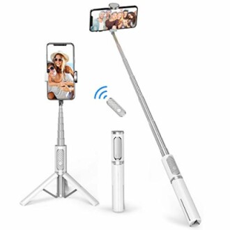 Selfie stick tripod with smartphone and remote control