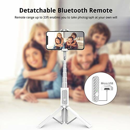 Selfie stick with detachable Bluetooth remote and phone holder