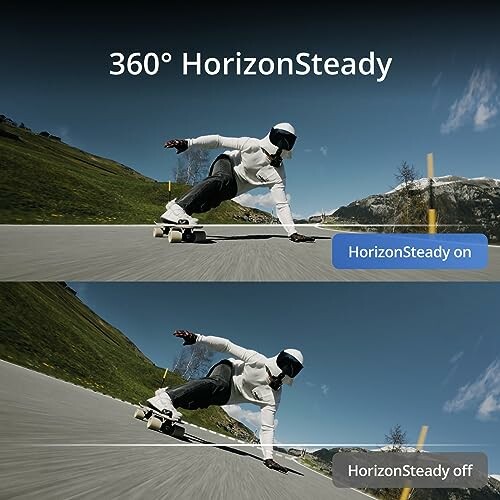 Skateboarder demonstrating HorizonSteady feature on and off.