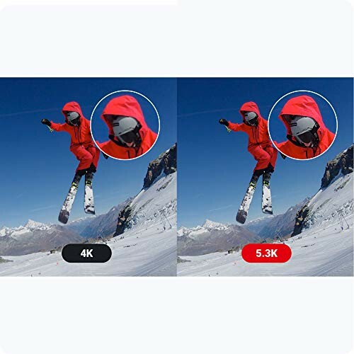 Comparison of skier in red outfit jumping, with 4K and 5.3K image quality labels.