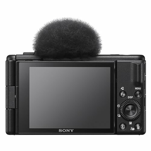 Rear view of a Sony camera with a screen and controls.