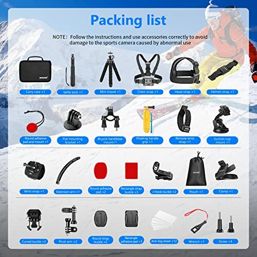 Packing list of sports camera accessories with various mounts and straps.