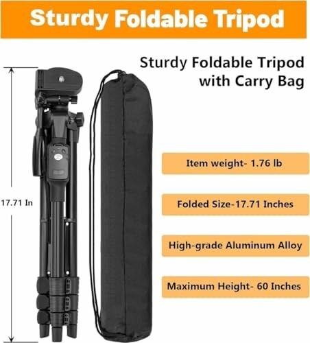 Sturdy foldable tripod with carry bag and specifications.