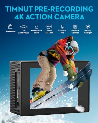 Timnut 4K action camera with skier on display