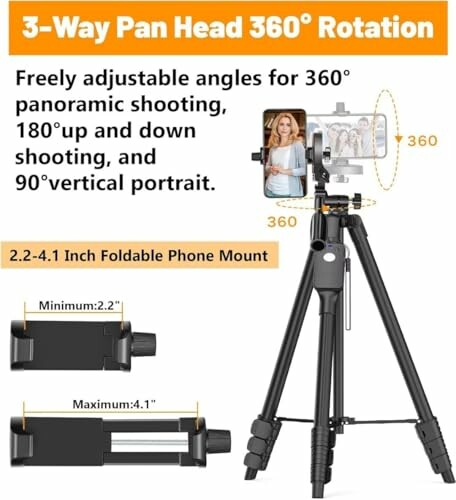 Tripod with 3-way pan head and phone mount, adjustable for panoramic and portrait shooting.