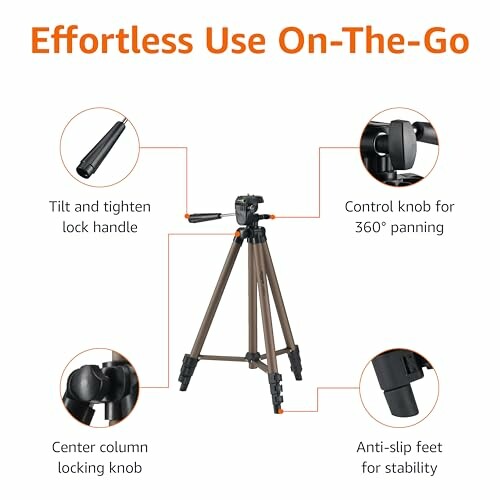 Features of a tripod with tilt handle, control knob, center locking, and anti-slip feet.