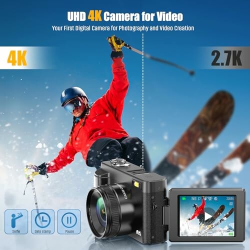 UHD 4K camera with skier and video display