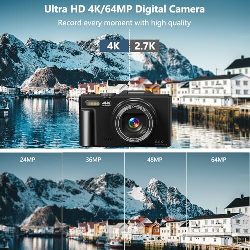 Digital camera with 4K and 64MP features, showcasing a scenic mountain and lake view.