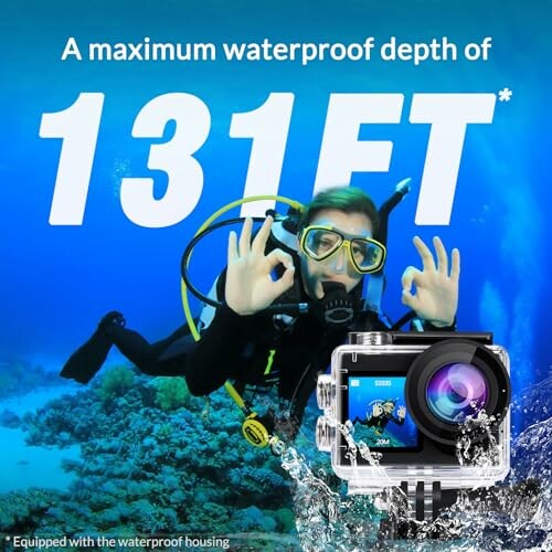 Diver underwater with action camera, waterproof to 131 feet.