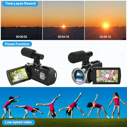 Video camera features including time-lapse, pause function, and low-speed video.