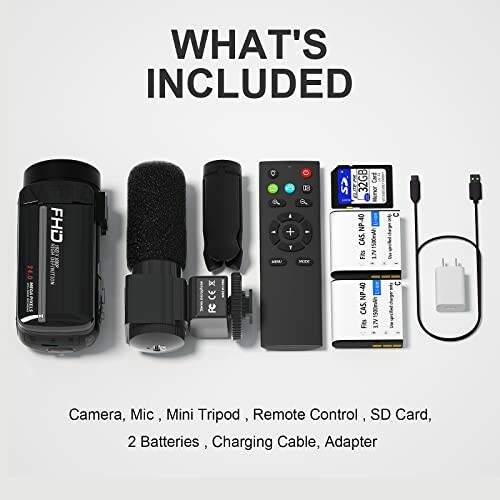 Contents of the video camera kit including camera, microphone, mini tripod, remote control, SD card, batteries, charging cable, and adapter.