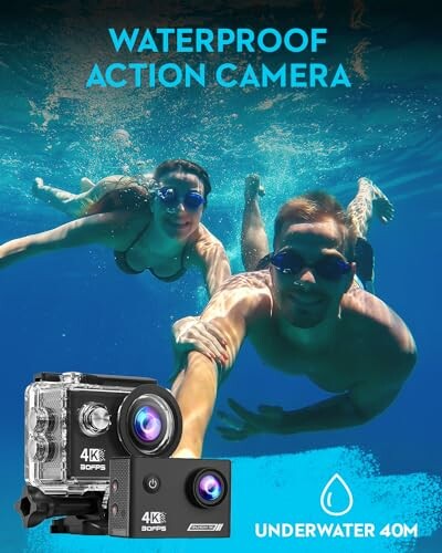 People swimming underwater with waterproof action camera