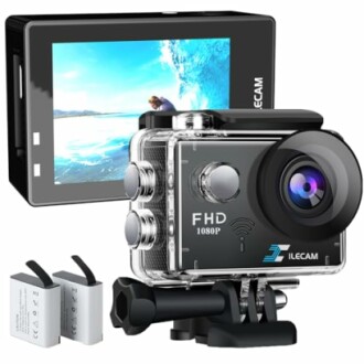 Waterproof action camera with accessories and display screen.