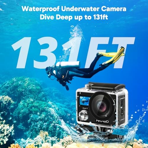 Diver underwater with waterproof camera, depth up to 131ft.