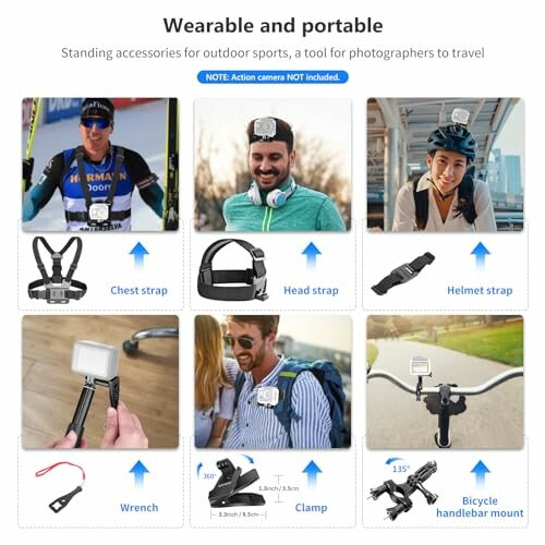 Wearable and portable camera accessories for outdoor sports, including chest strap, head strap, helmet strap, wrench, clamp, and bicycle handlebar mount.