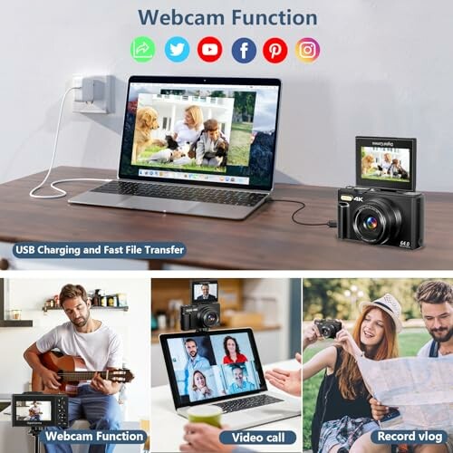 Laptop with camera showing video call and vlog recording features.