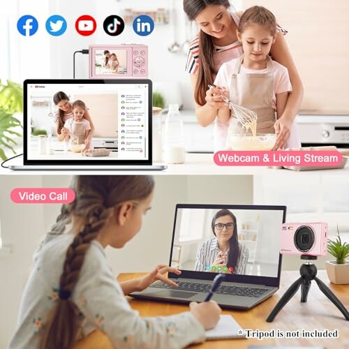 Two images showing a webcam setup. Top image: mother and daughter cooking on a video call. Bottom image: girl video calling a woman on a laptop.