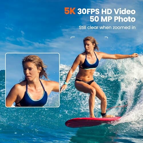 Woman surfing on a wave with 5K video and 50 MP photo quality.