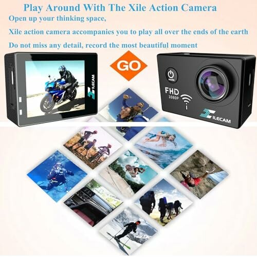 Xile action camera advertisement with images of outdoor activities.